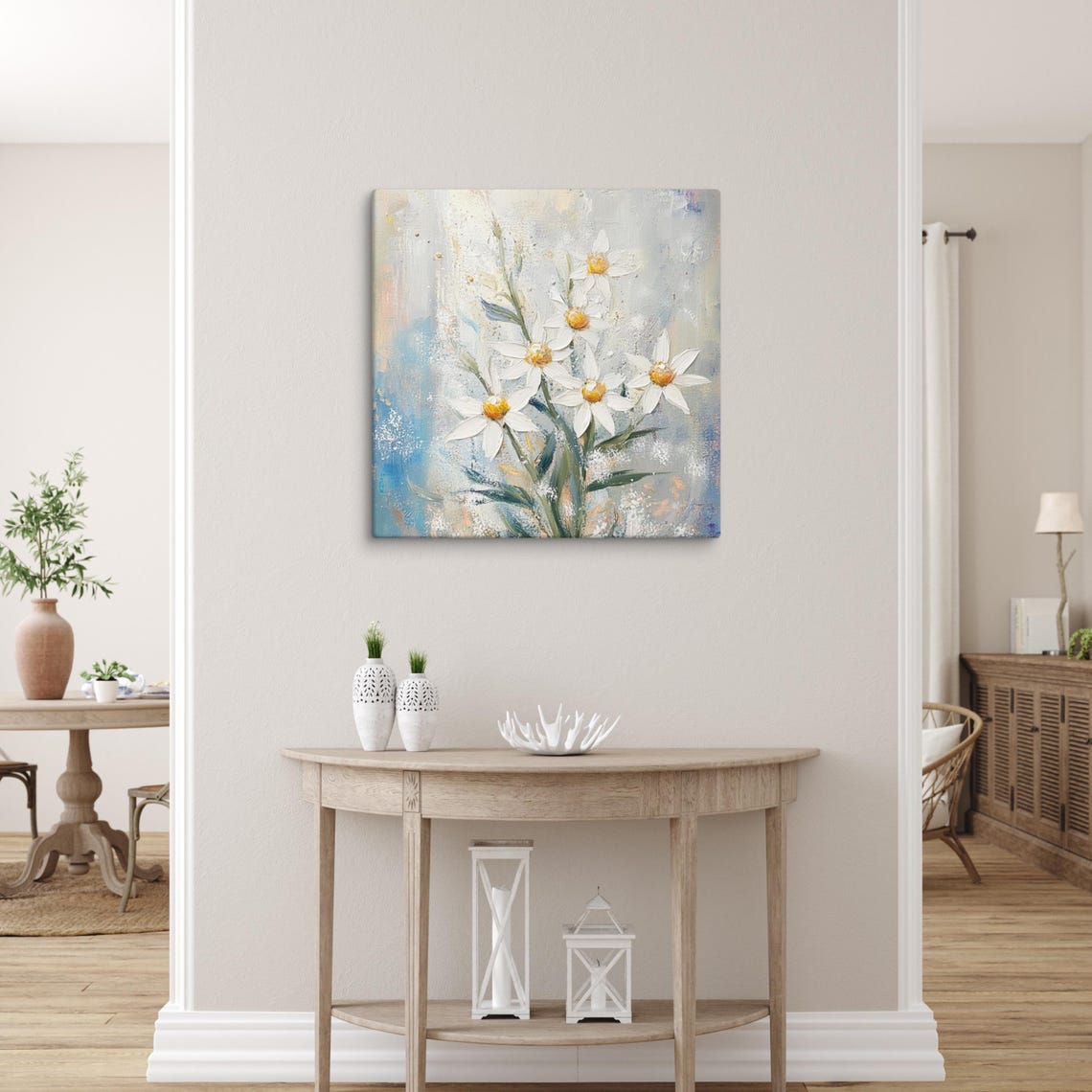 White Daisies Yellow Centers Soft Blue Abstract Floral Poster - Image 5