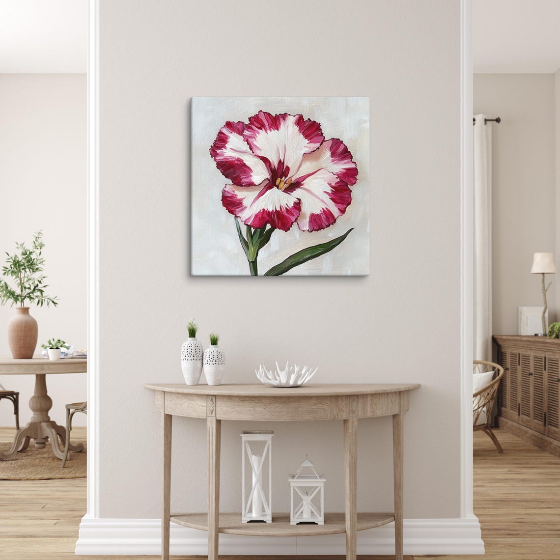 Crimson White Dianthus Carnation Bloom Impasto Floral Art Poster - Image 4
