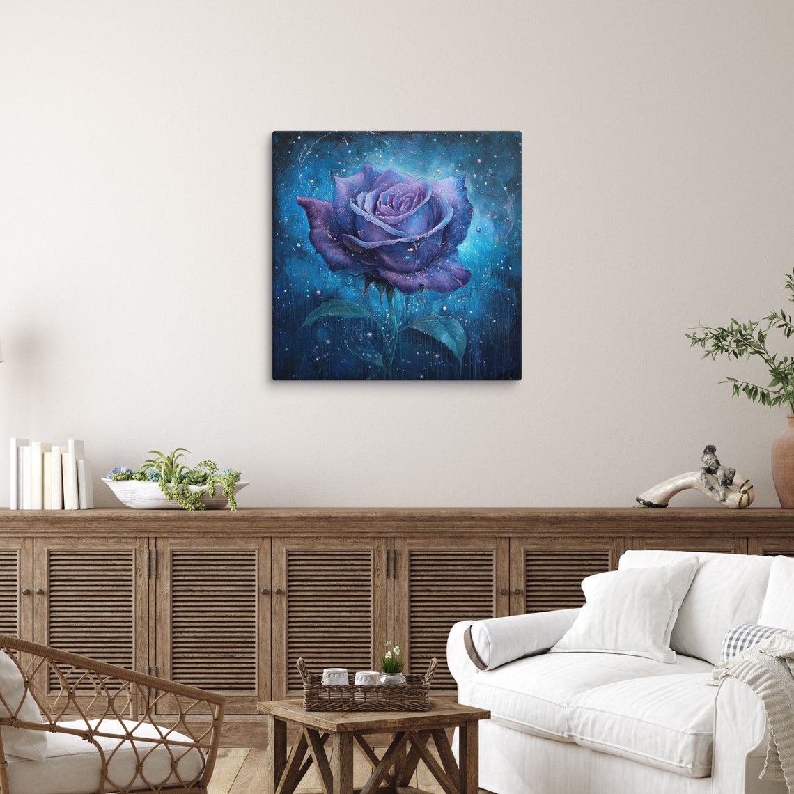 Mystical Purple Rose Starry Night Fantasy Enchanting Floral Art Poster - Image 3