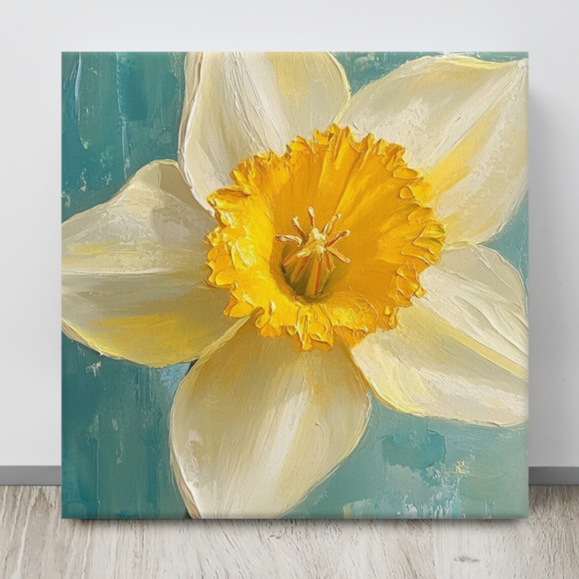 Yellow Daffodil Close Up Bloom Teal Background Oil Painting Poster - Image 4