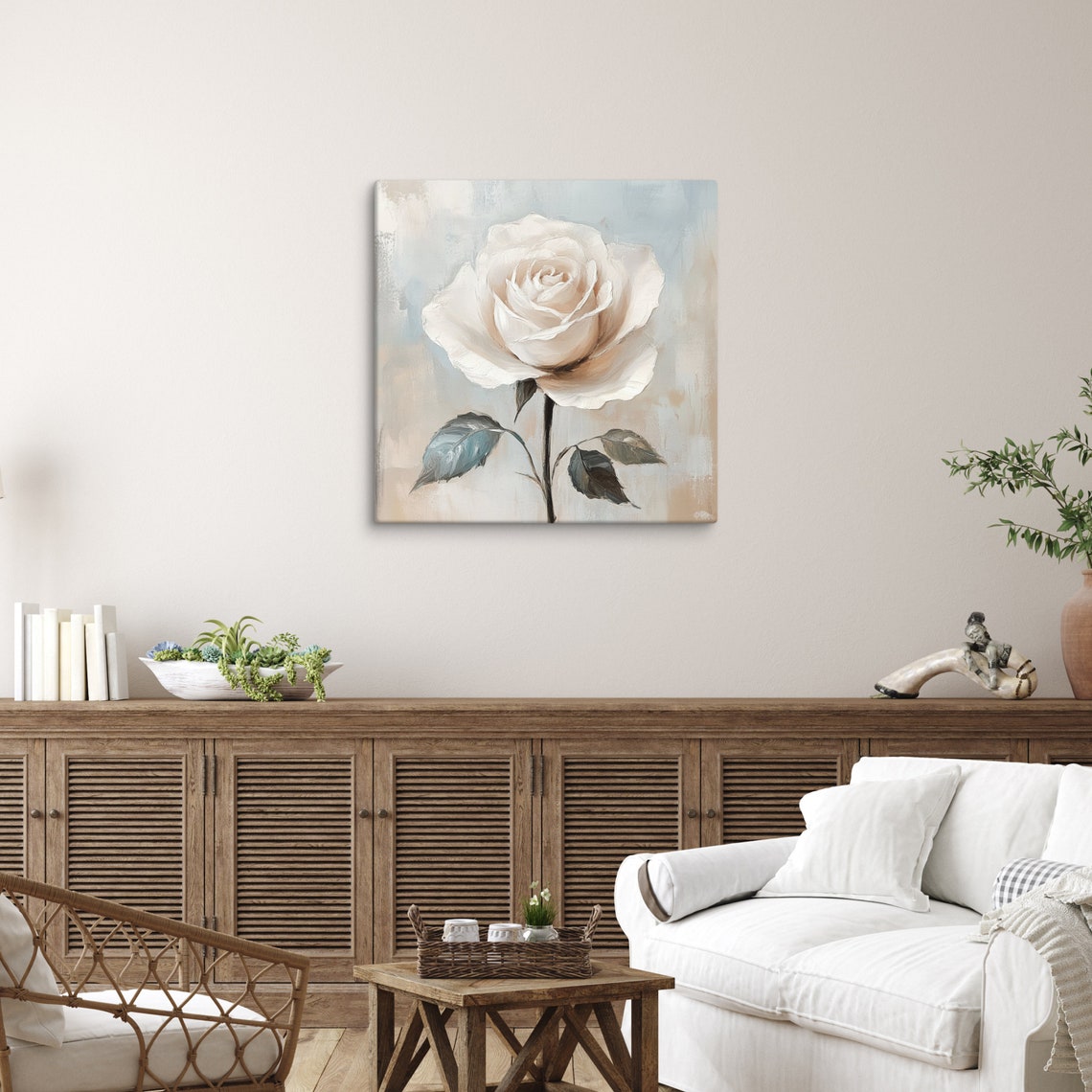 Creamy White Rose Single Bloom Muted Botanical Floral Art Poster - Image 2