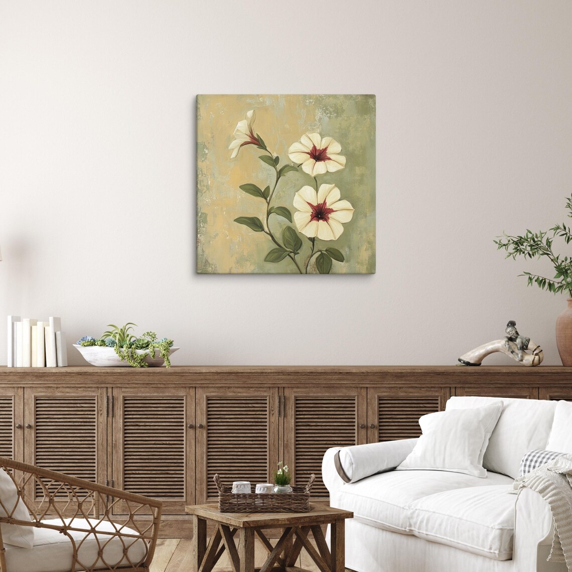 Cream Petunias Crimson Centers Vintage Botanical Art Wall Poster - Image 5