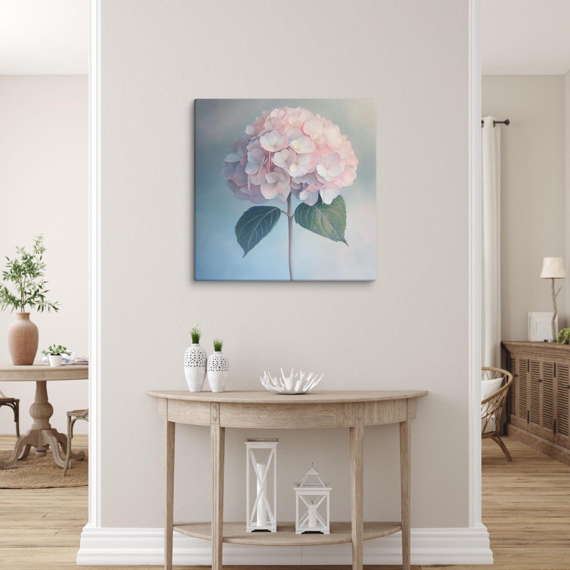 Pink Hydrangea Bloom On Stem Soft Blue Background Print Poster - Image 5