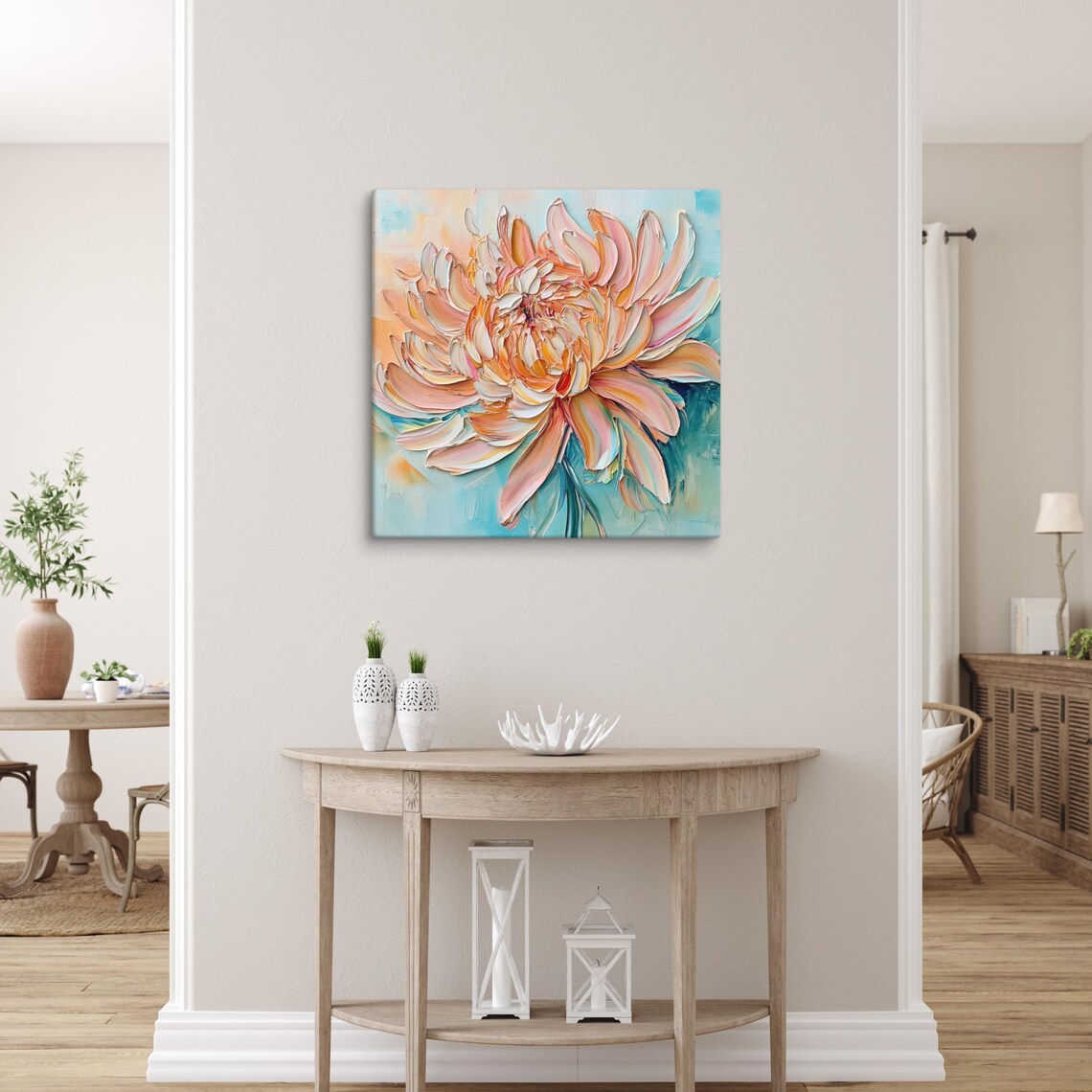 Peach Chrysanthemum Impasto Painting Teal Background Floral Poster - Image 5