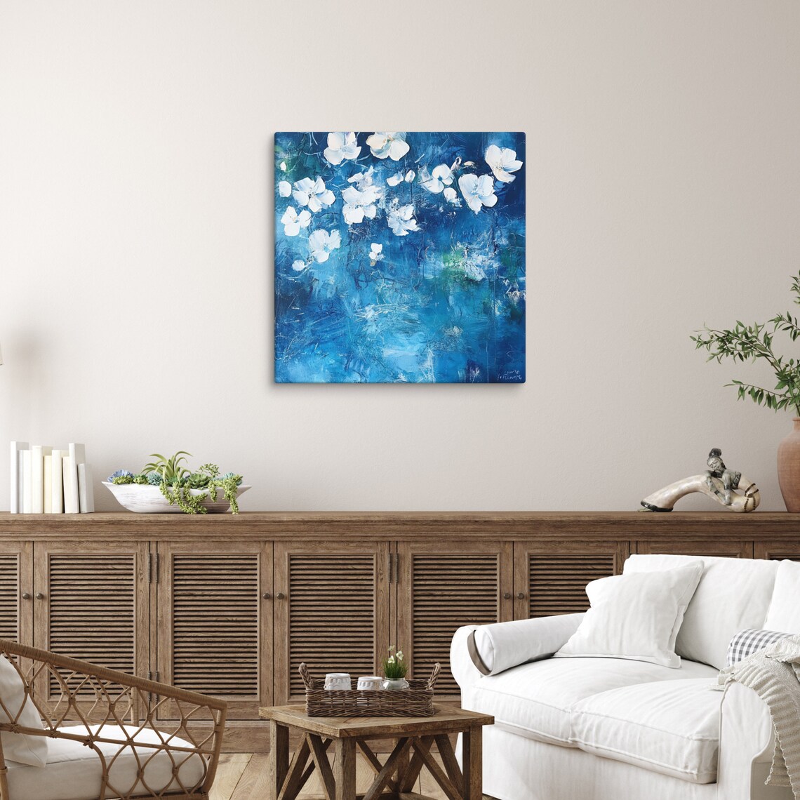White Blossom Deep Blue Textured Background Coastal Floral Poster - Image 4