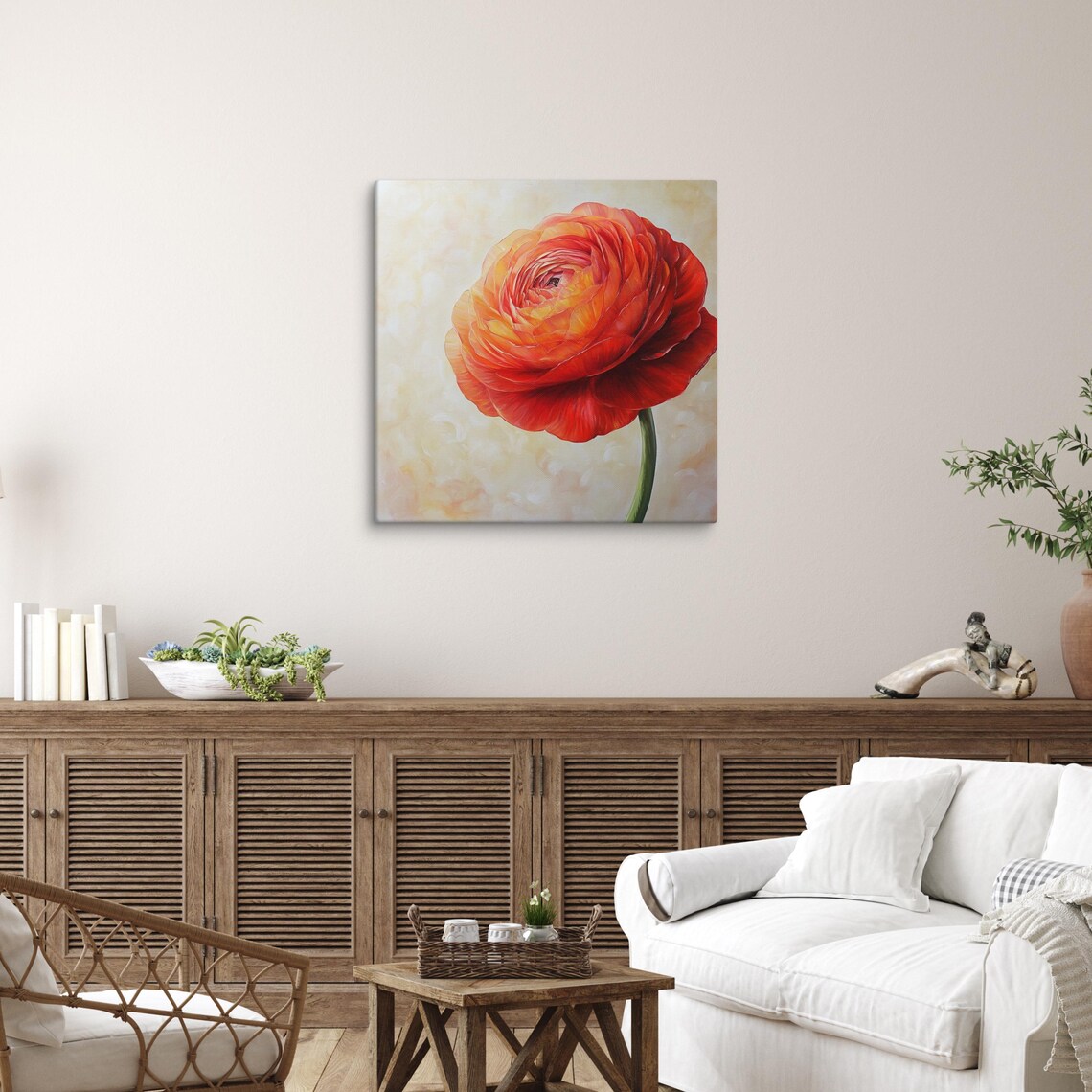 Red Orange Ranunculus Bloom Layered Petals Cream Background Art Poster - Image 5