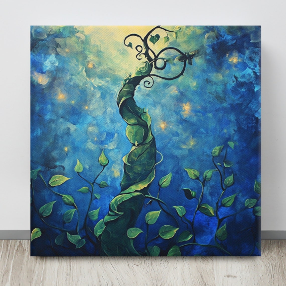 Magical Twisting Beanstalk Vine Starry Blue Night Sky Canvas Art Print