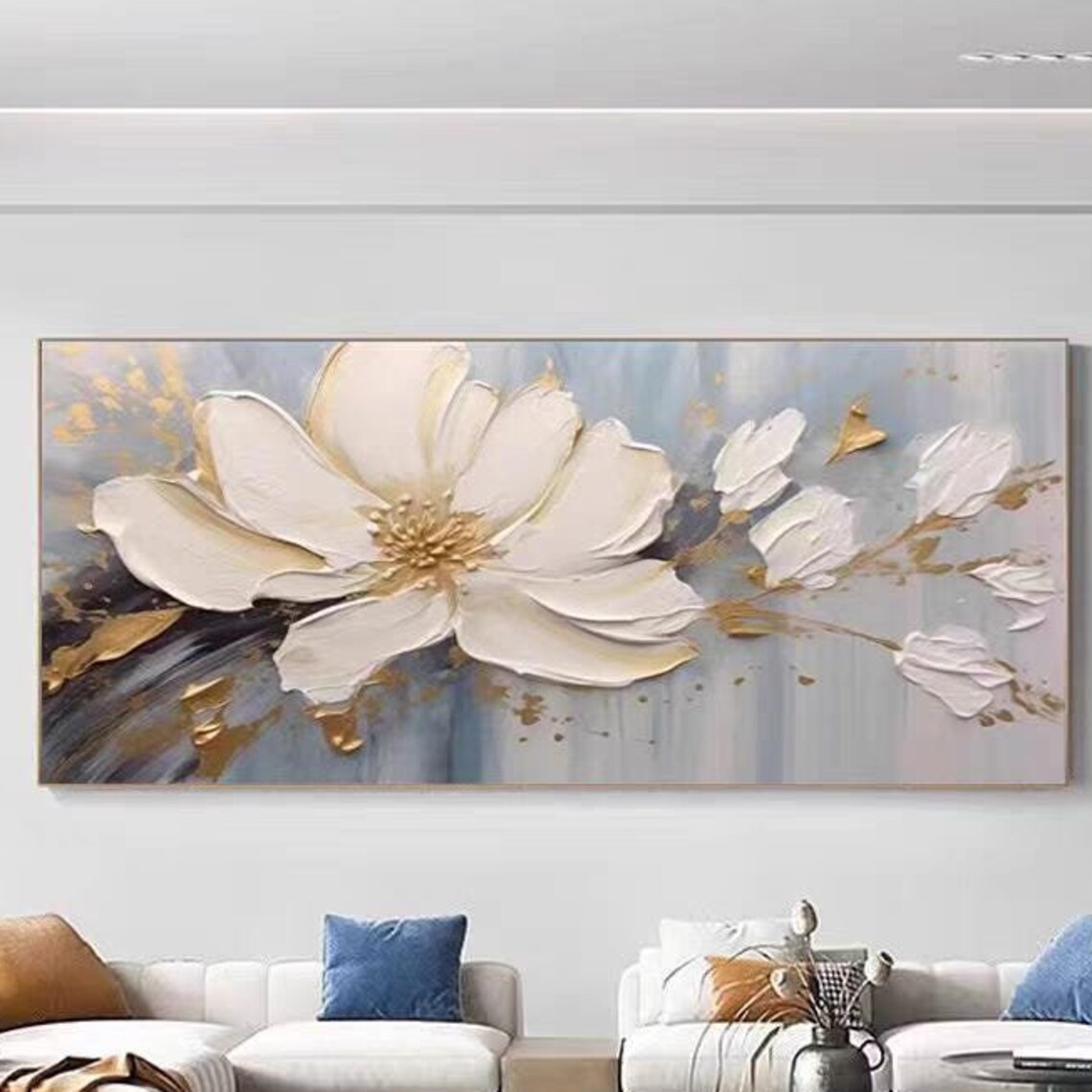 Horizontal White Bloom with Gold Accents Modern Floral Poster