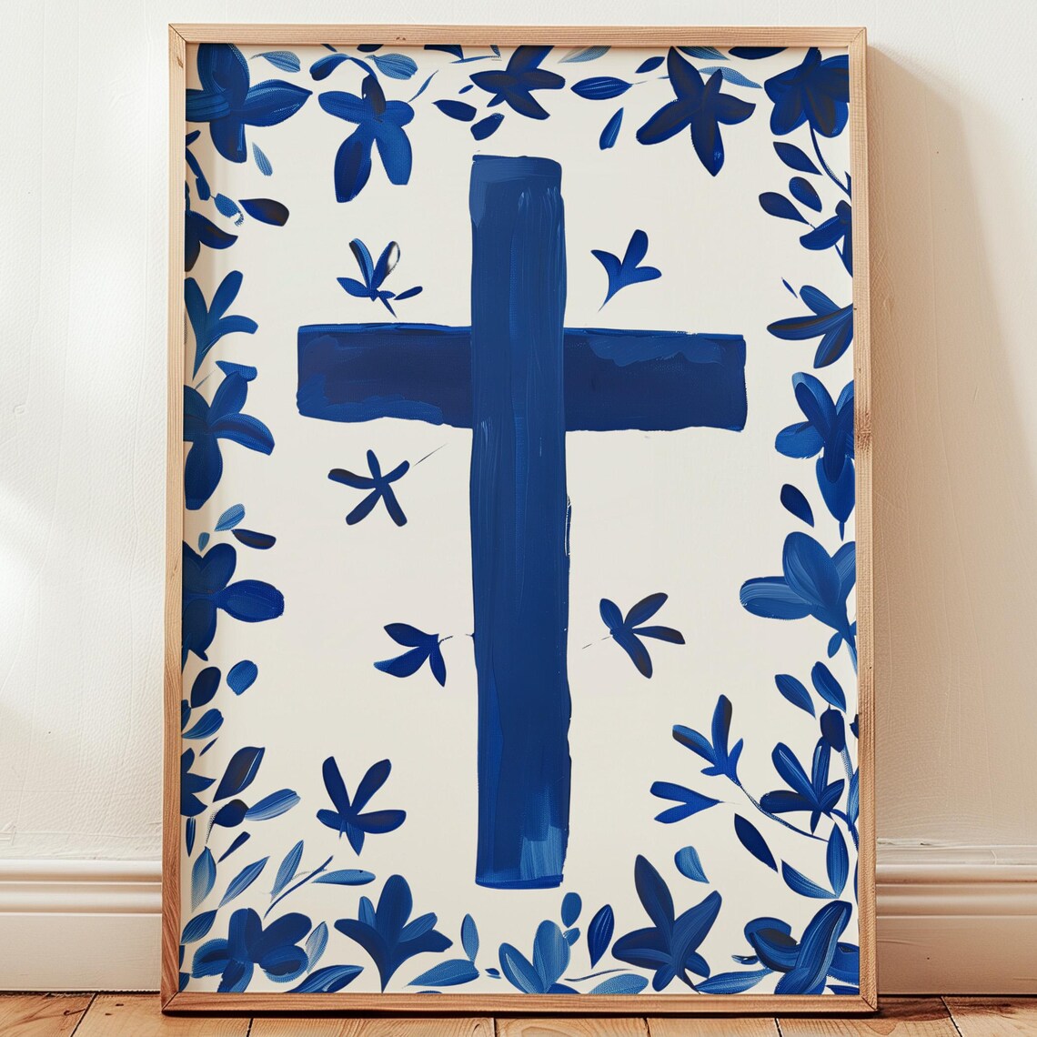 Blue Cross Floral Print, Modern Christian Art