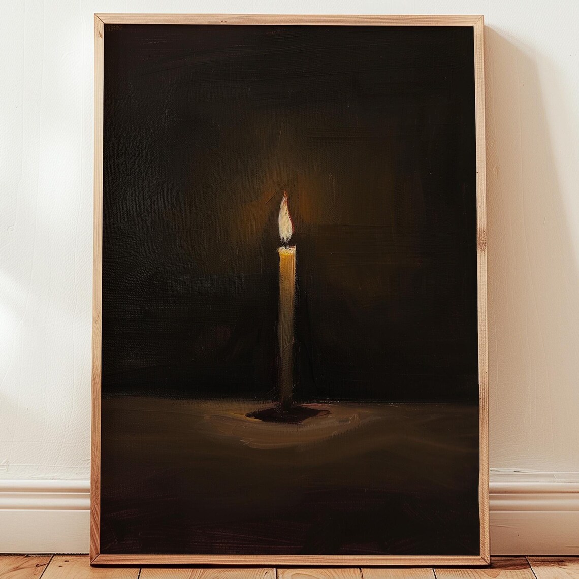 Single Burning Candle Dark Moody Minimalist Oil Painting Poster