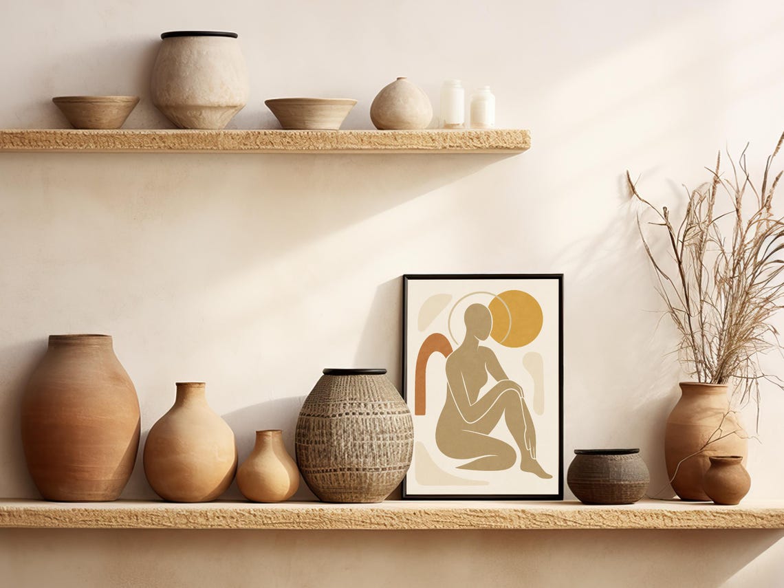 Boho Nude Female Silhouette Minimalist Body Line Neutral Tones Poster - Image 4