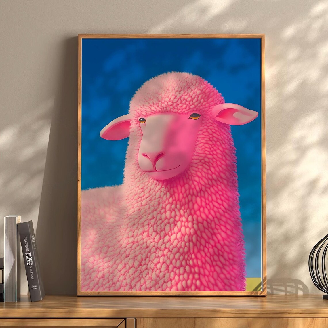 Smiling Pink Sheep On Bright Blue Sky Playful Cute Animal Poster