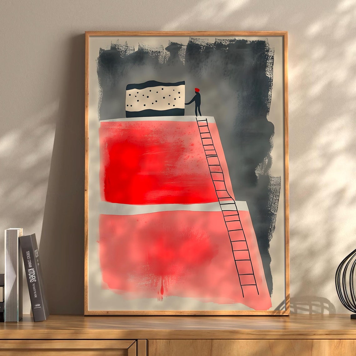 Tiny Figure Pushing Polka Dot Block Up Red Slope Minimalist Art Poster