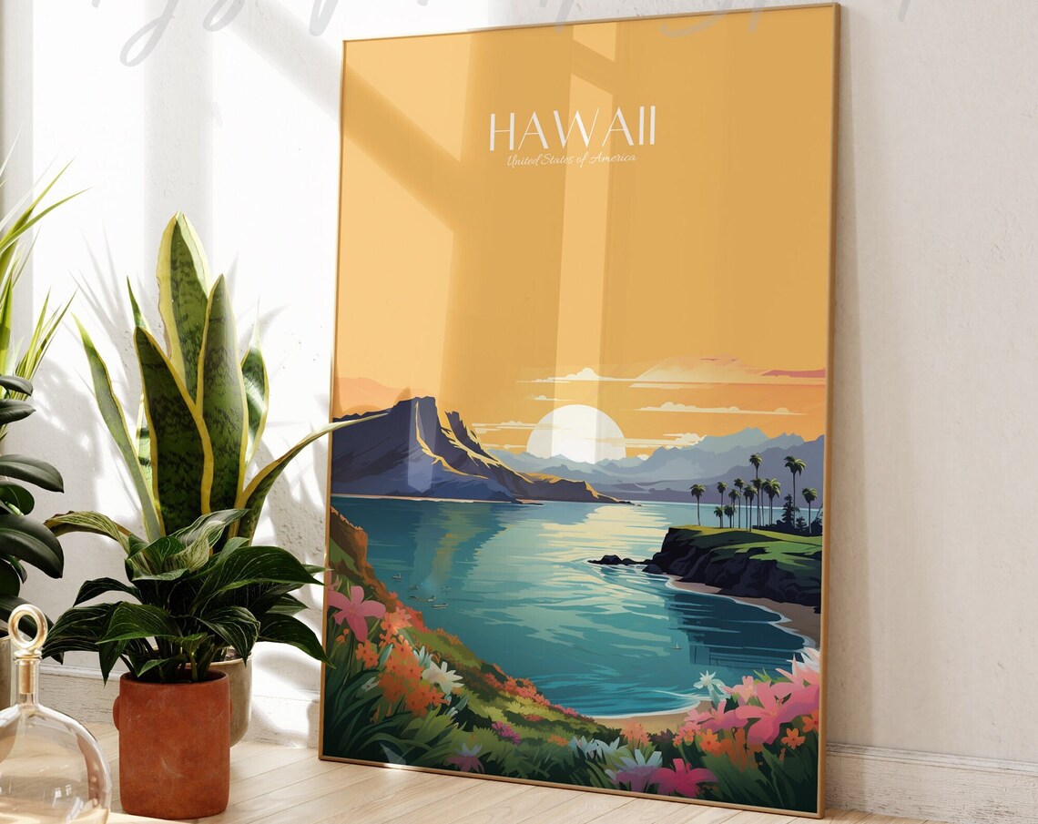 Hawaii Sunset Coast Vintage Travel Poster Floral Ocean View Art