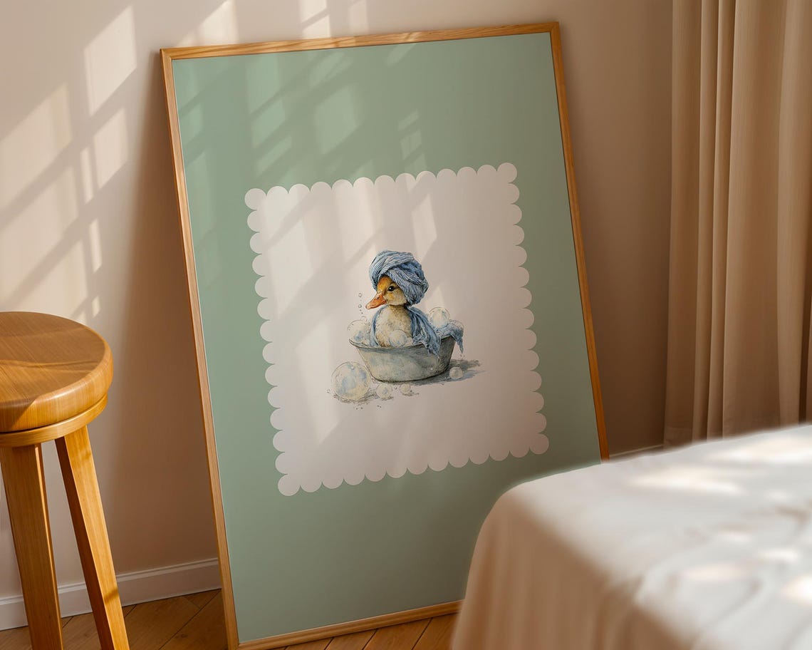 Mint Green Duckling Bath Time Cute Towel Bathroom Wall Decor Print