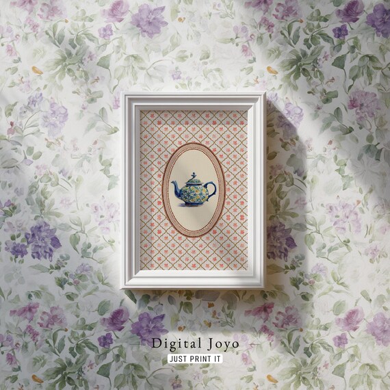 Talavera Style Painted Blue Teapot Coral Lattice Farmhouse Wall Art