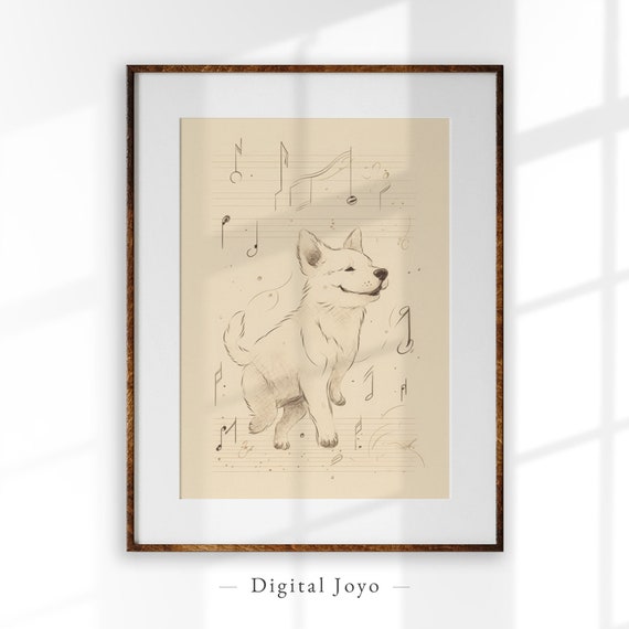 Vintage Dog Music Print Abstract Dancing Art