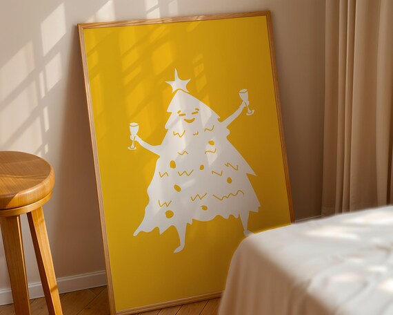 Dancing Christmas Tree Mustard Yellow Holiday Champagne Poster