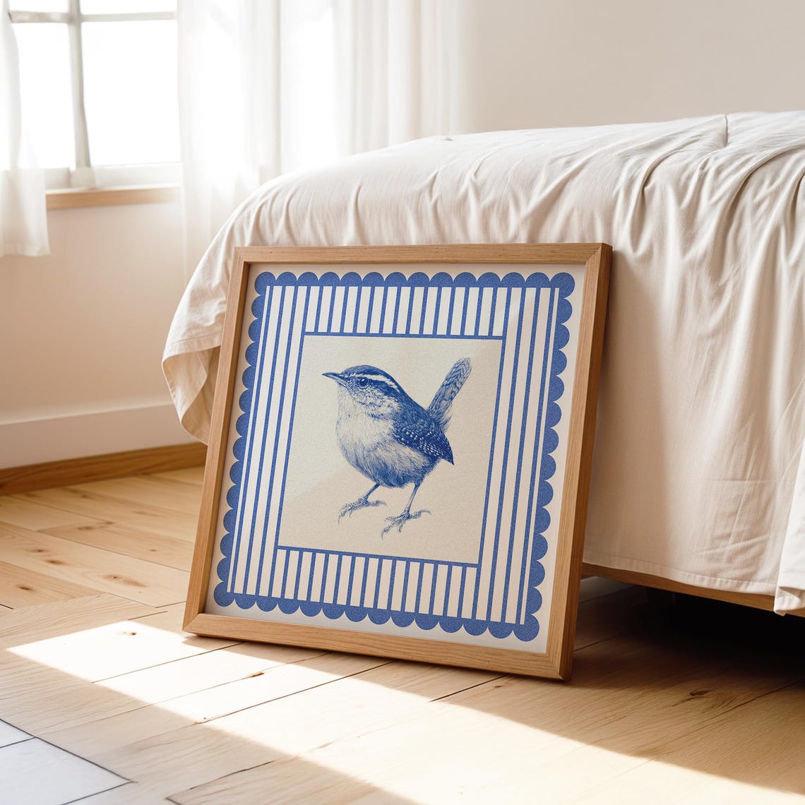 Carolina Wren Blue Toile Bird Art Print Striped Scallop Border