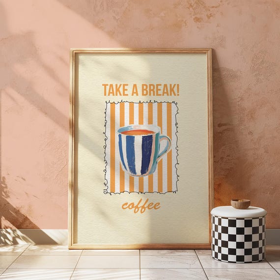 Coffee Art Print Orange Mug On Beige Stripes