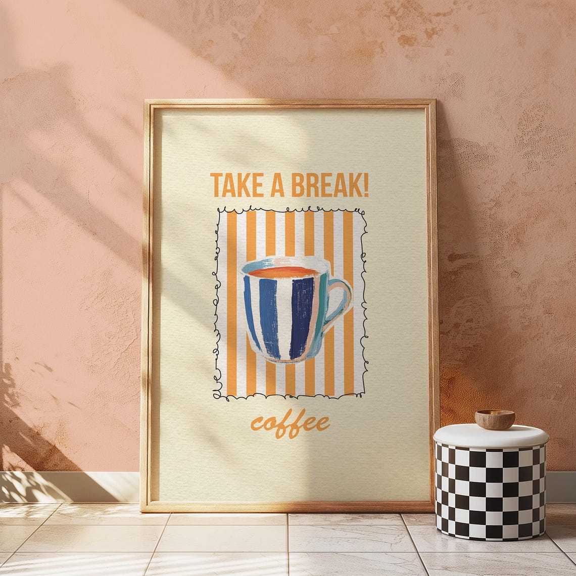 Take A Break Coffee Cup Retro Striped Kitchen Art Print Decor