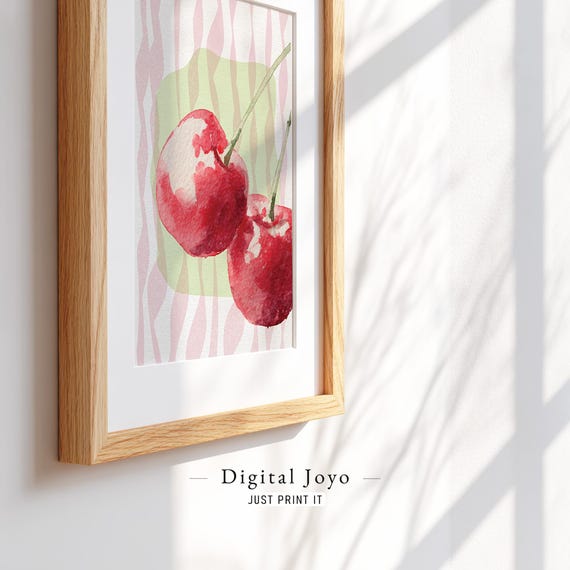 Juicy Cherry Duo On Pastel Waves Watercolor Kitchen Art