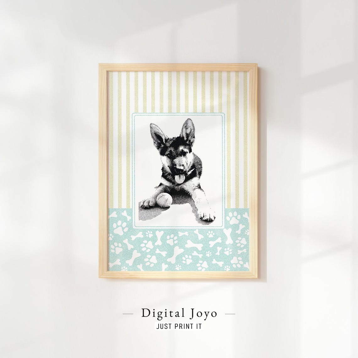 German Shepherd Puppy Print Lemon Stripe Nursery Wall Art