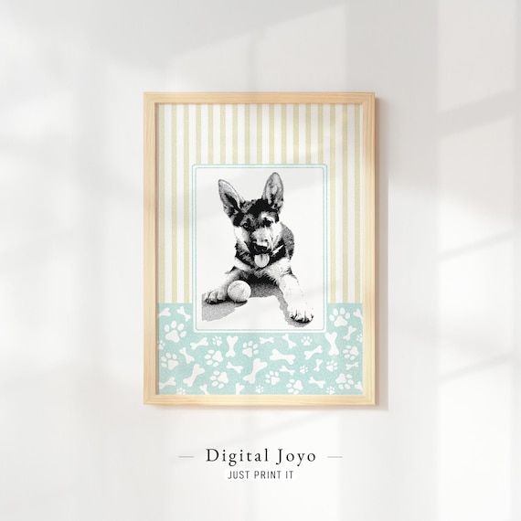 German Shepherd Puppy Playful Sketch Happy Nursery Portrait Print