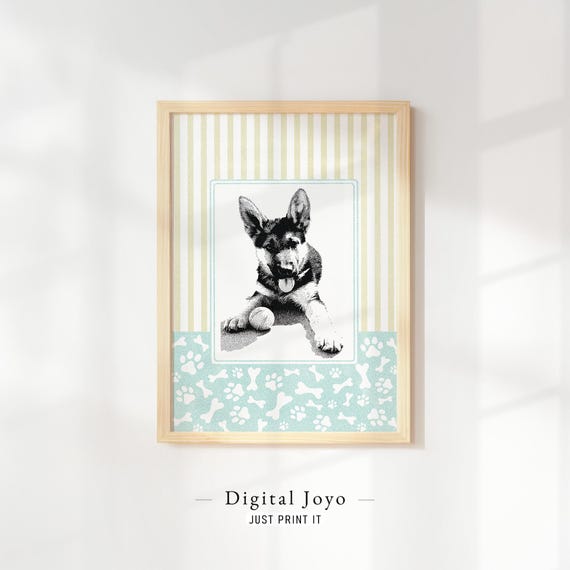 German Shepherd Puppy Print Lemon Stripe Nursery Wall Art