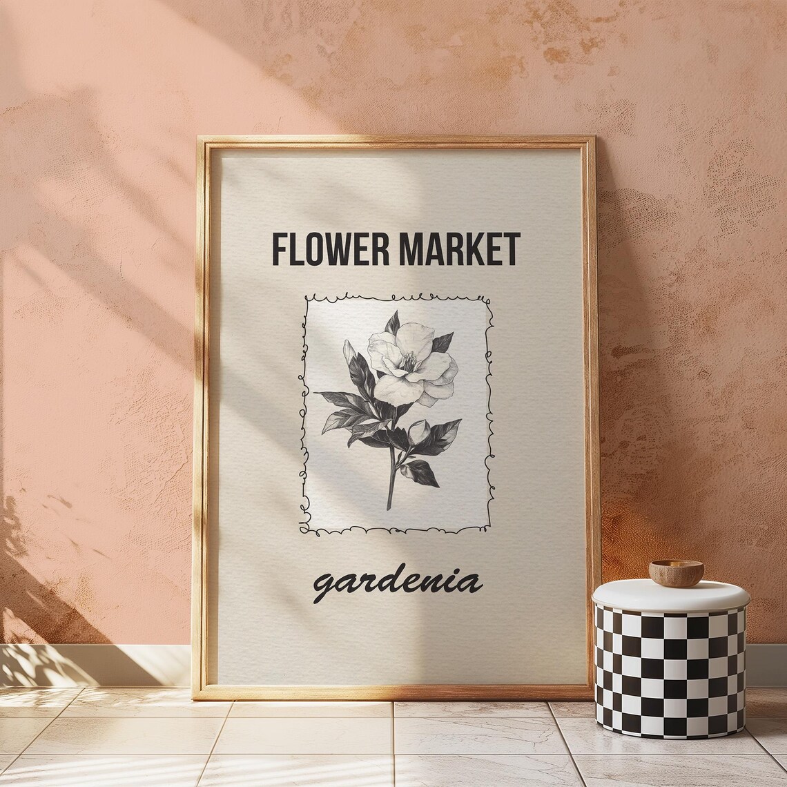 Flower Market Gardenia Botanical Illustration Black White Poster