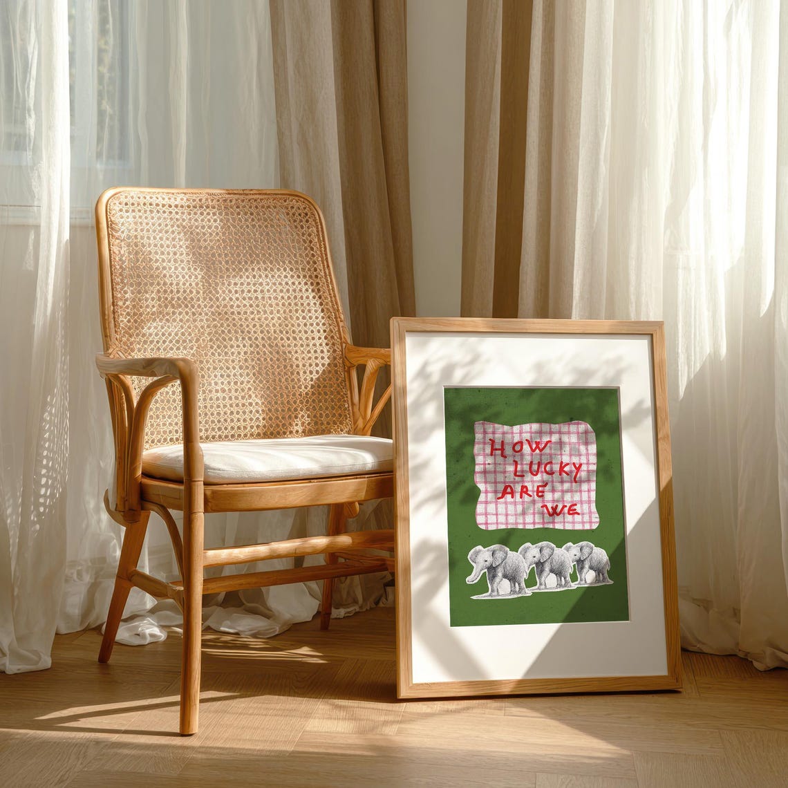 How Lucky Are We Quote Cute Elephant Family Green Wall Poster