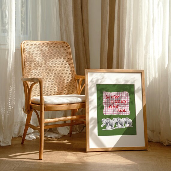 How Lucky Are We Quote Cute Elephant Family Green Wall Poster