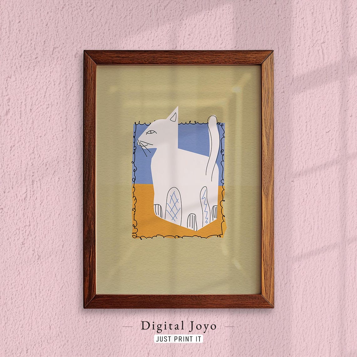 Cubist White Cat Art Print Playful Feline Collage Wall Decor