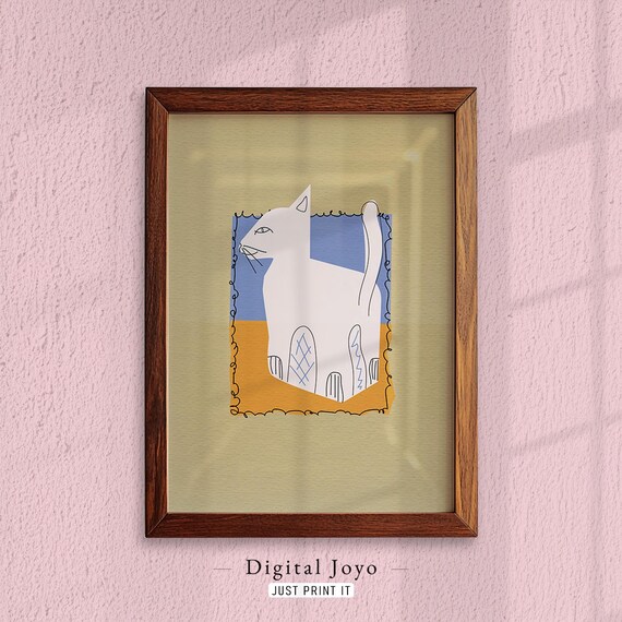 Cubist White Cat Art Print Playful Feline Collage Wall Decor