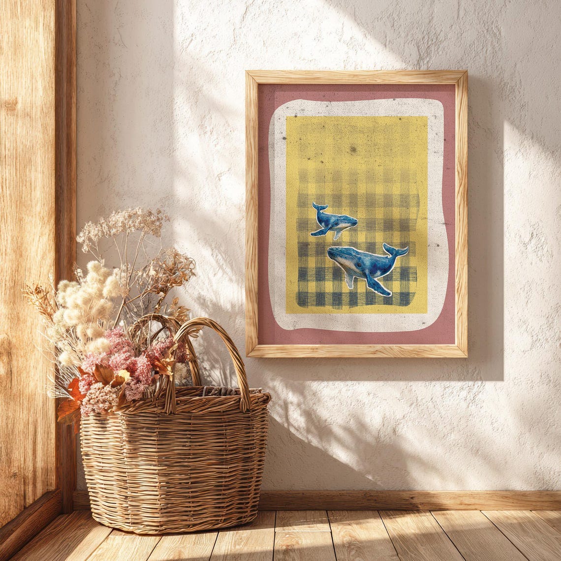 Retro Whale Illustration On Yellow Checkered Background