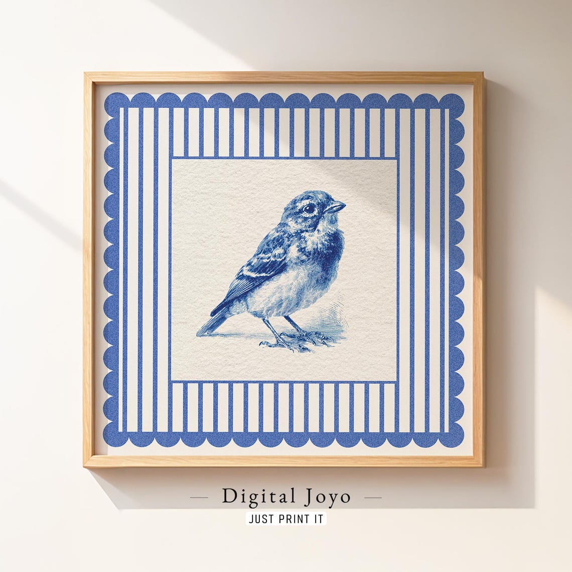 Blue Songbird Vintage Sketch Scalloped Frame Blue White Bird Art Print