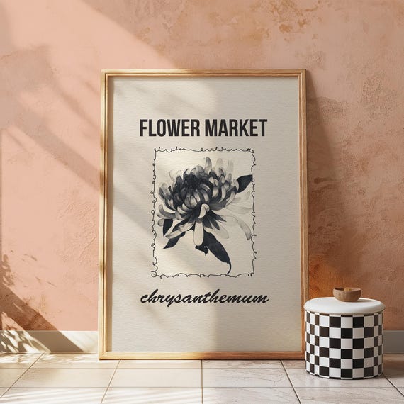 Flower Market Chrysanthemum Botanical Black White Art Poster