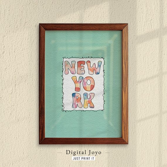 New York Watercolor Typography Print Mint Green City Poster