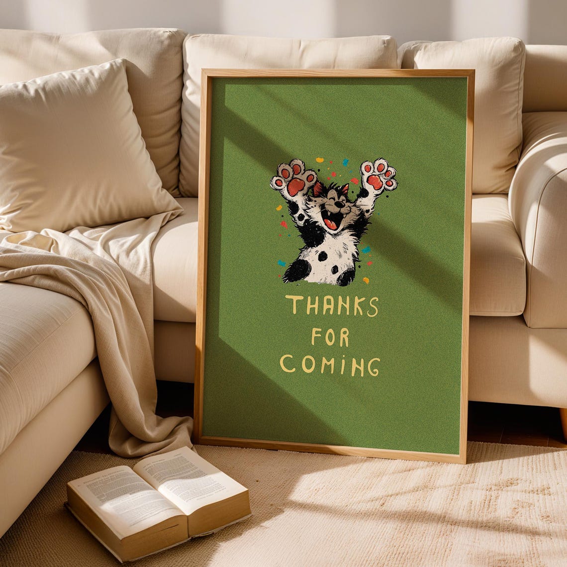Orange Tabby Cat On Armchair Green Botanical Retro Illustration Poster
