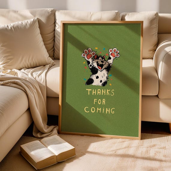 Green Cat Wall Print Retro Illustration