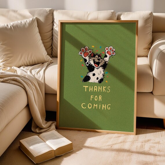 Orange Tabby Cat On Armchair Green Botanical Retro Illustration Poster