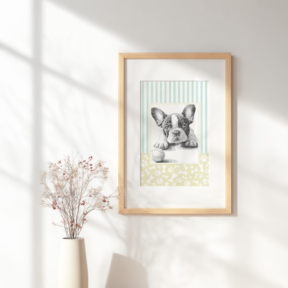 Charming French Bulldog Puppy Closeup Sketch With Ball Wall Art