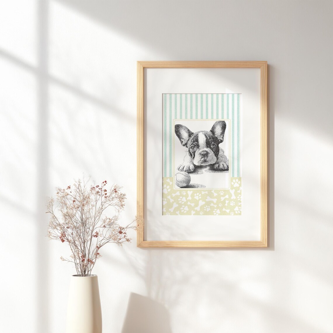 Charming French Bulldog Puppy Closeup Sketch With Ball Wall Art
