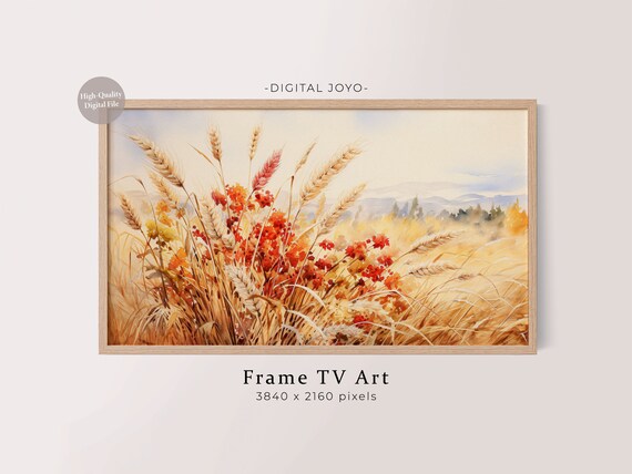 Wheat Field Autumn Wildflowers Golden Harvest Watercolor Art Poster