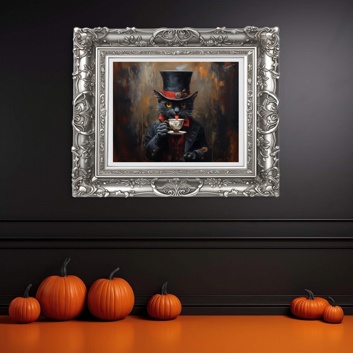 Dapper Black Cat In Top Hat Holding Teacup Vintage Style Art Poster - Image 3