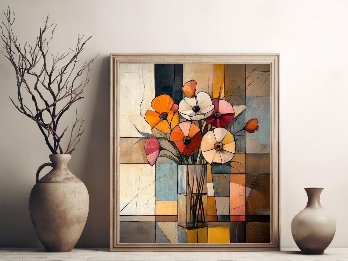 Cubist Poppy Bouquet In Glass Vase Abstract Floral Still Life Poster - Image 3