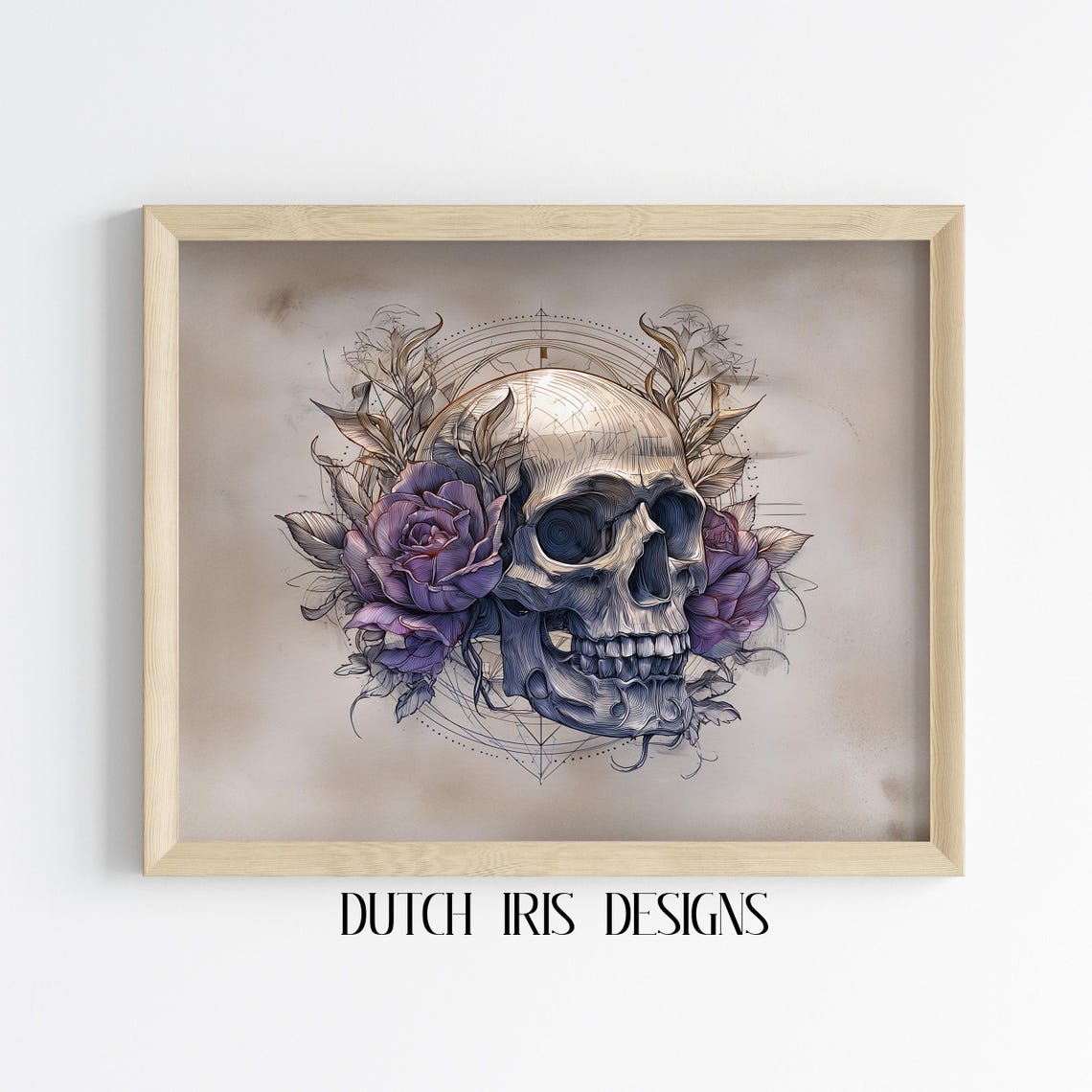 Skull With Purple Roses Circular Linework Gothic Botanical Poster