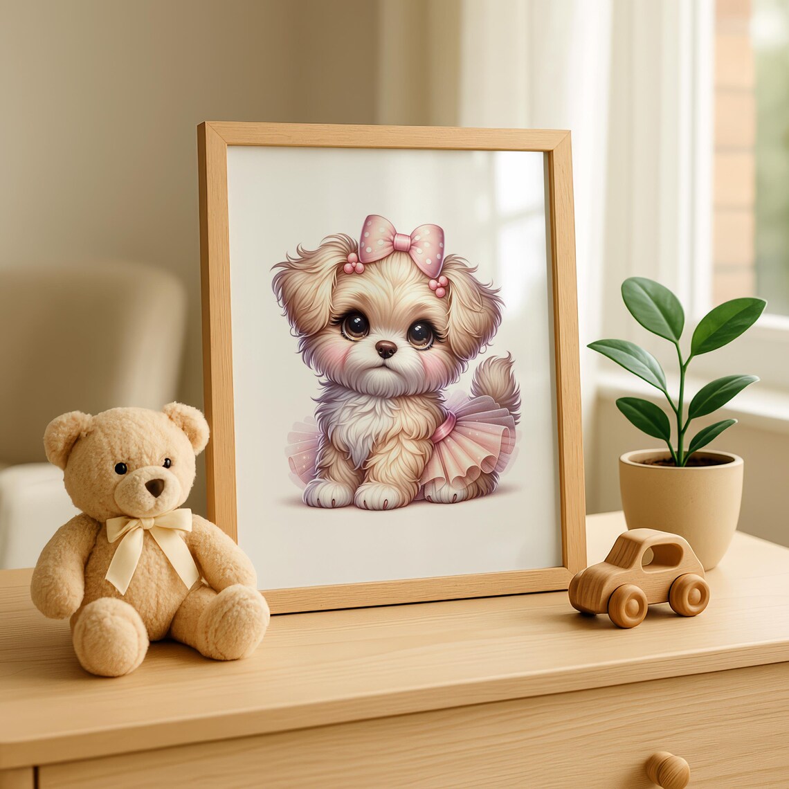 Adorable Fluffy Puppy In Pink Tutu With Polka Dot Bow Nursery Art Poster - Image 3