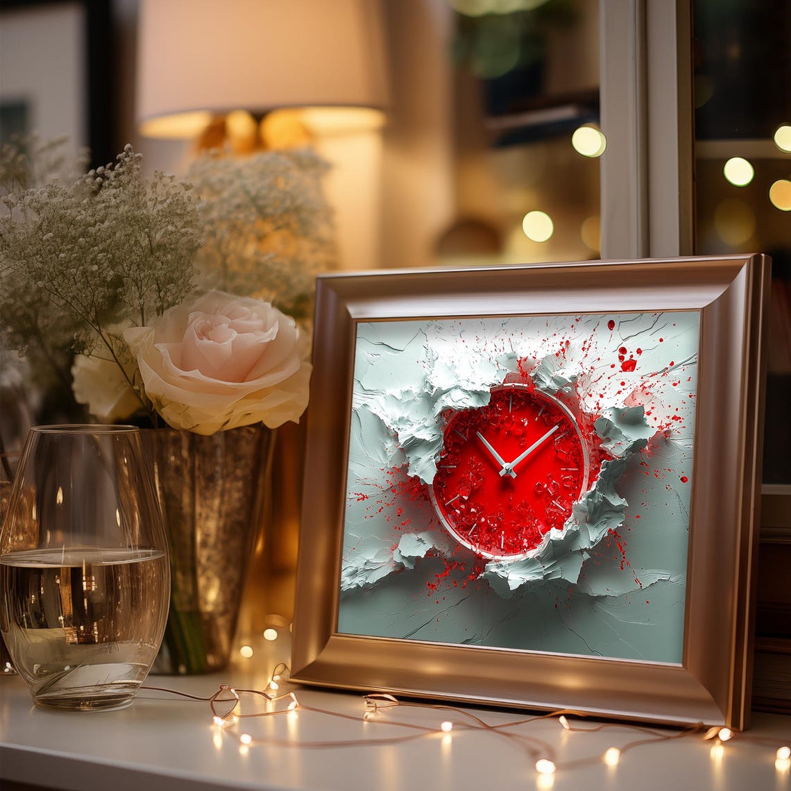 Bold Red Clock Face Bursting Through Cracked White Plaster Art Poster - Image 3