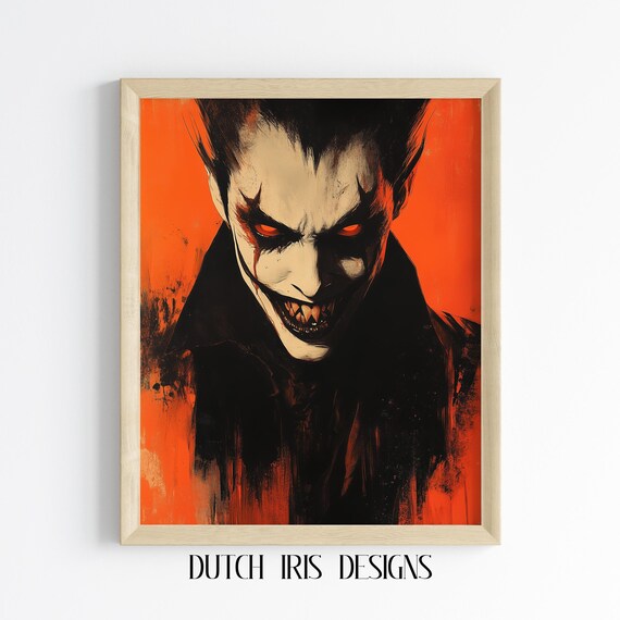 Vampire Portrait With Red Eyes On Orange Background Halloween Poster